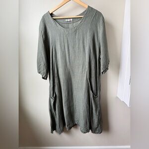 100% Linen Tunic Dress Lagenlook Italy Green Earthy Relaxed Fit Crunchy L